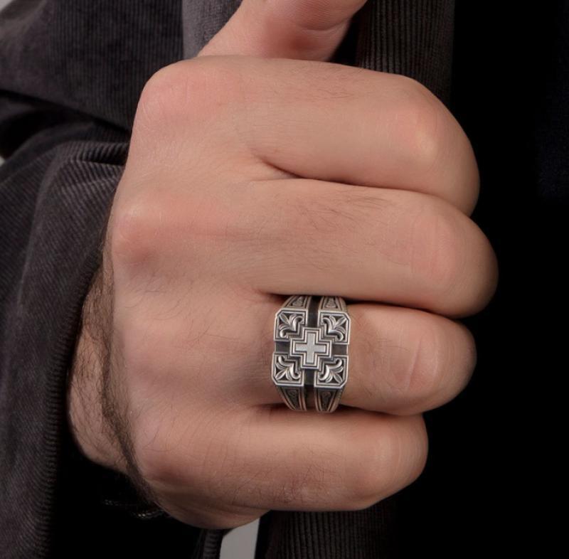 Plated European And American Creative Retro Carved Christian Men's Ring
